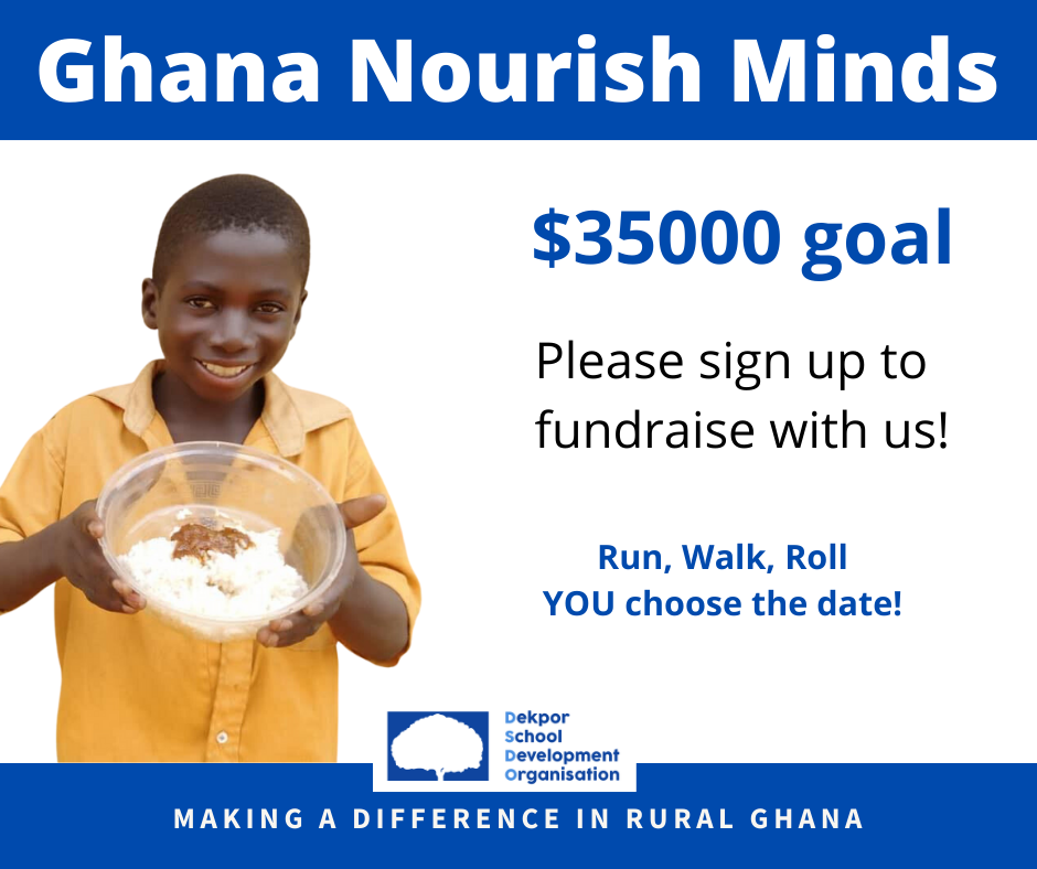 Smiling boy holding bowl with healthy food as part of "Ghana Nourish Minds" promo indicating $35000 goal.